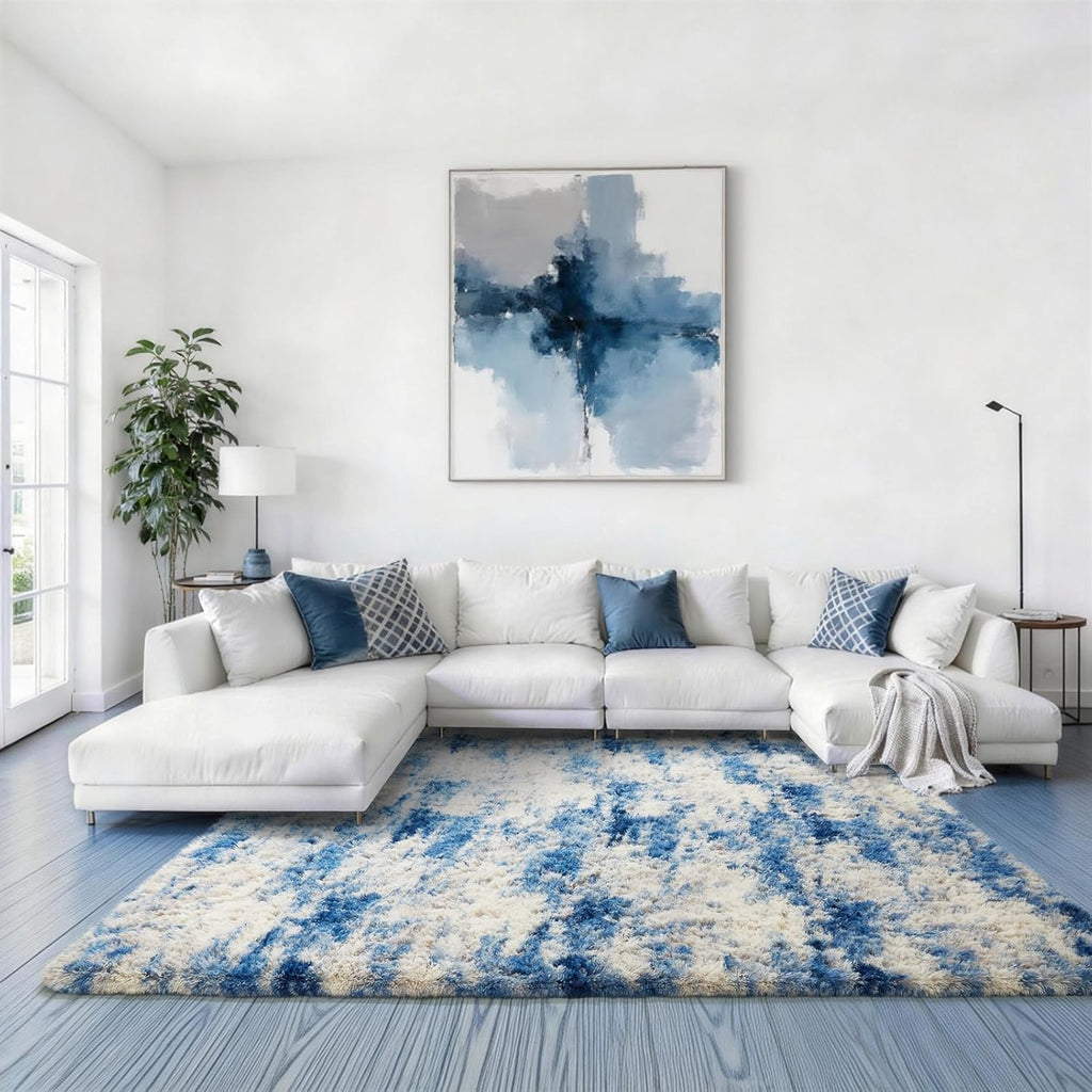Ophanie Area Rug - Fluffy Shag Soft Carpet for Living Room | 5x7 Blue, White & Grey Design