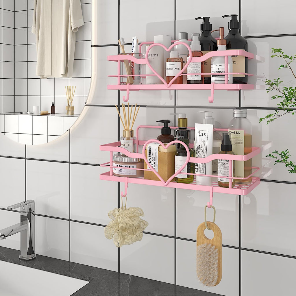 Skiennix Pink Shower Caddy - 4 Removable Hooks & No-Drill Adhesive Organizer | 2-Pack Shelves for Bathroom & Kitchen