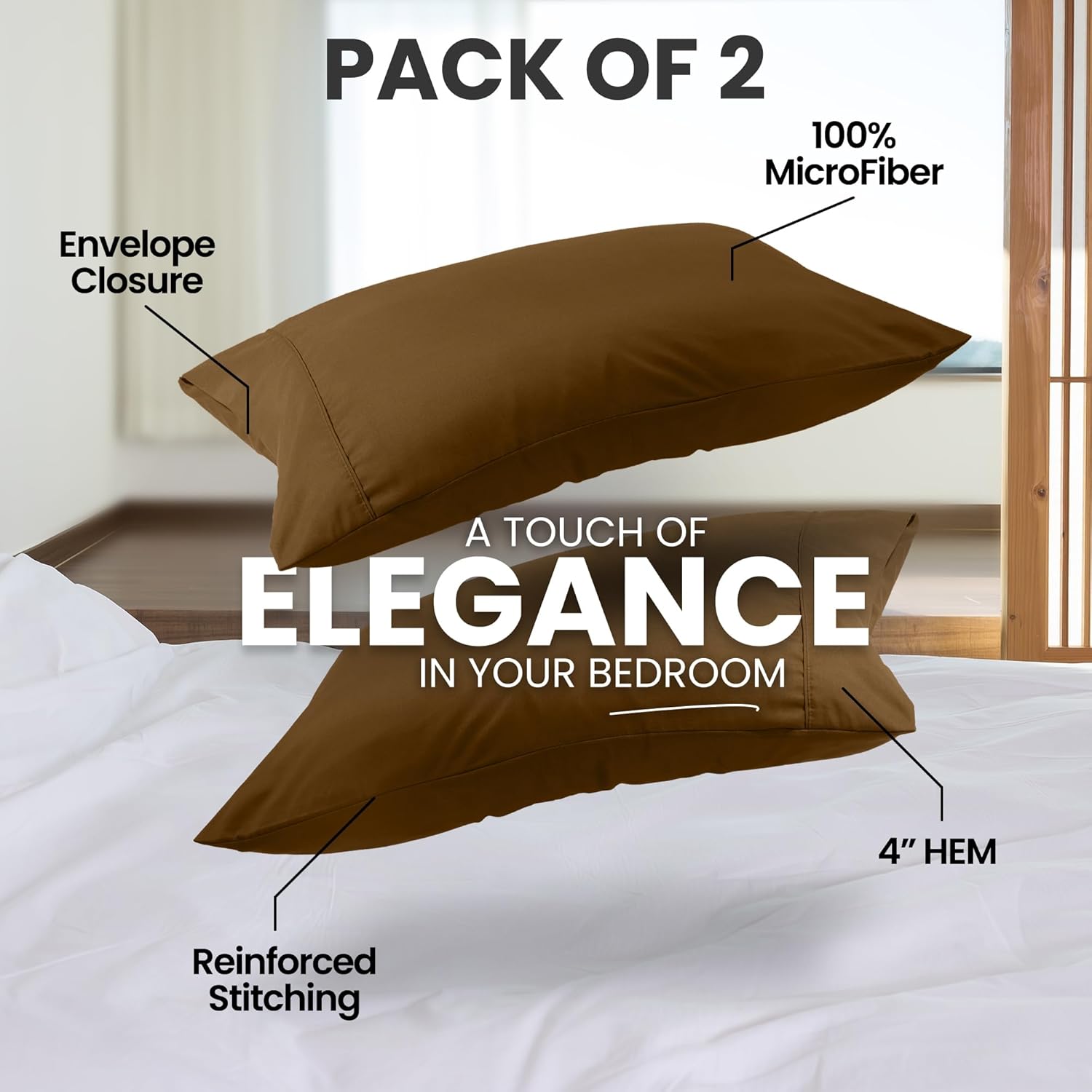 Utopia Bedding Standard Pillow Cases - Soft Brushed Microfiber - 2 Pack, Mocha | 20 x 26 Inches