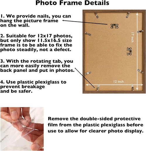 JCJMY 12x17 Picture Frame - Brown Wall Hanging Frame with Shatter-Resistant Plexiglass | Versatile Mounting Options
