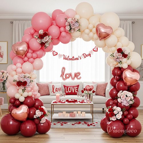 131Pcs Burgundy Red and Pink Valentines Balloons Arch Kit with Ivory & Rose Gold Heart Shaped Foil Balloons - Birthday, Proposal, Valentine's Day Decorations, Mother's Day, Wedding, Party Backdrop