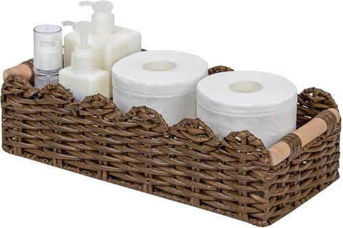 CubesLand Wicker Floating Shelves Baskets - Scalloped Edge Toilet Paper Storage | Brown Rattan with Wood Handle