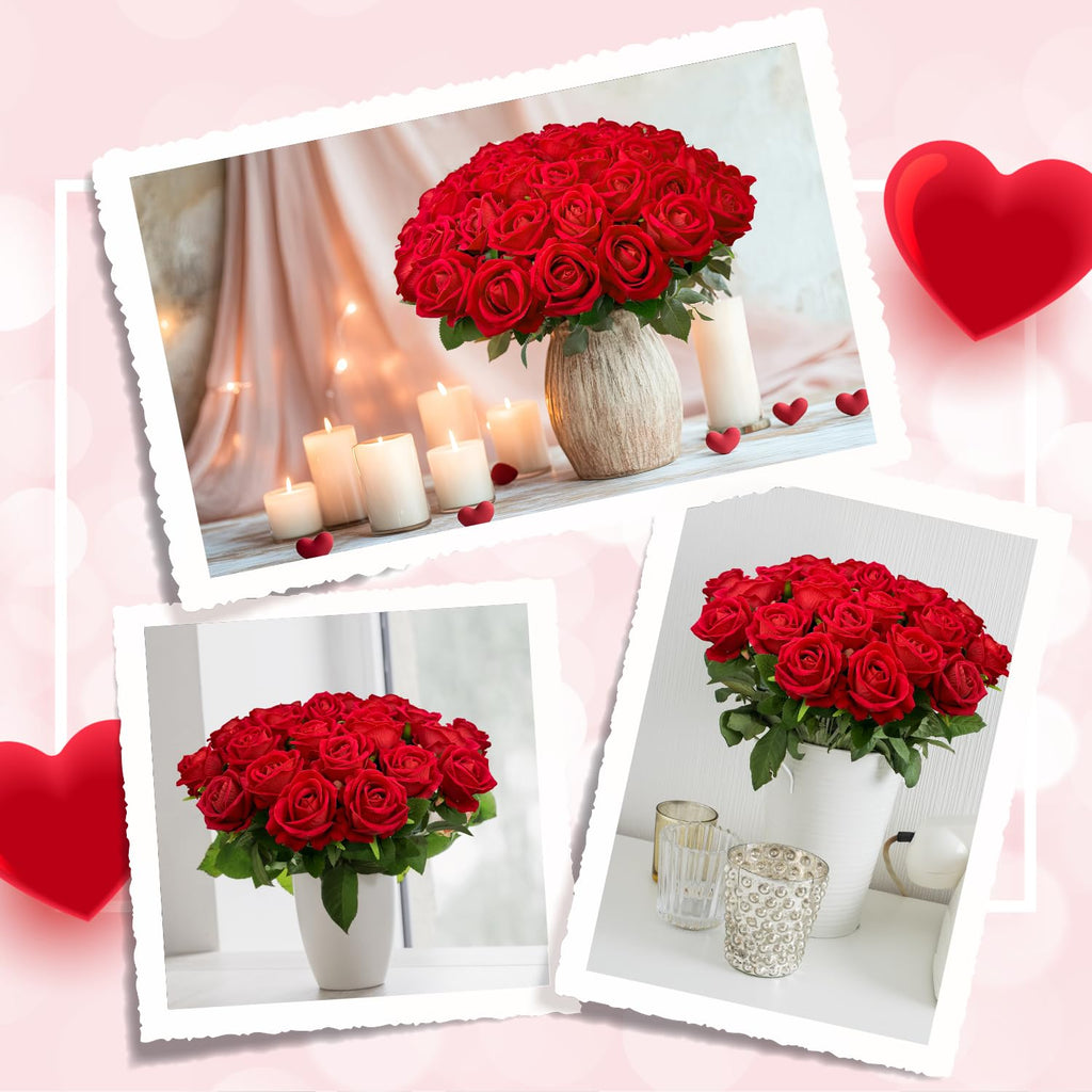 Wondrus Bulk Artificial Flowers 50 PCS, Fake Velvet Silk Red Roses with Long Stems Realistic Bouquet for Wedding Centerpieces, Faux Arrangement for Home Table Decor