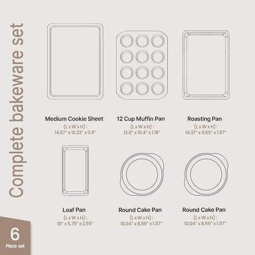 BAKKEN 6-Piece Baking Pan Set | Commercial Grade Carbon Steel, Nonstick, Space-Saving Design, Oven Safe Up to 450°F, Brown