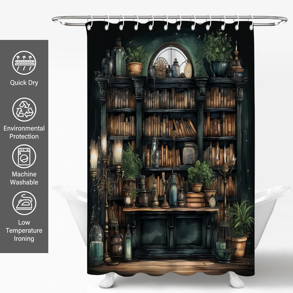 TSLOVER Gothic Bookshelf Shower Curtain for Bathroom Decor,Witchy Dark Academia Shower Curtains with Plant and Bookshelf Decor,Funny Waterproof Polyester Bath Curtains,72x72 Inch