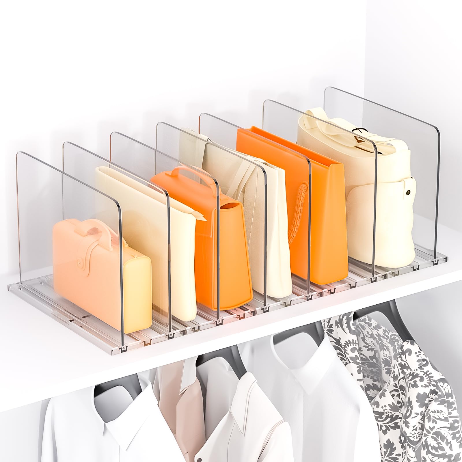 xydstay Adjustable Bag & Purse Organizer for Closet, Acrylic Shelf Dividers, Handbag Storage Organizer Clear Purse Dividers for Closet Organization Separators for Handbag, Book in Bedroom, Office