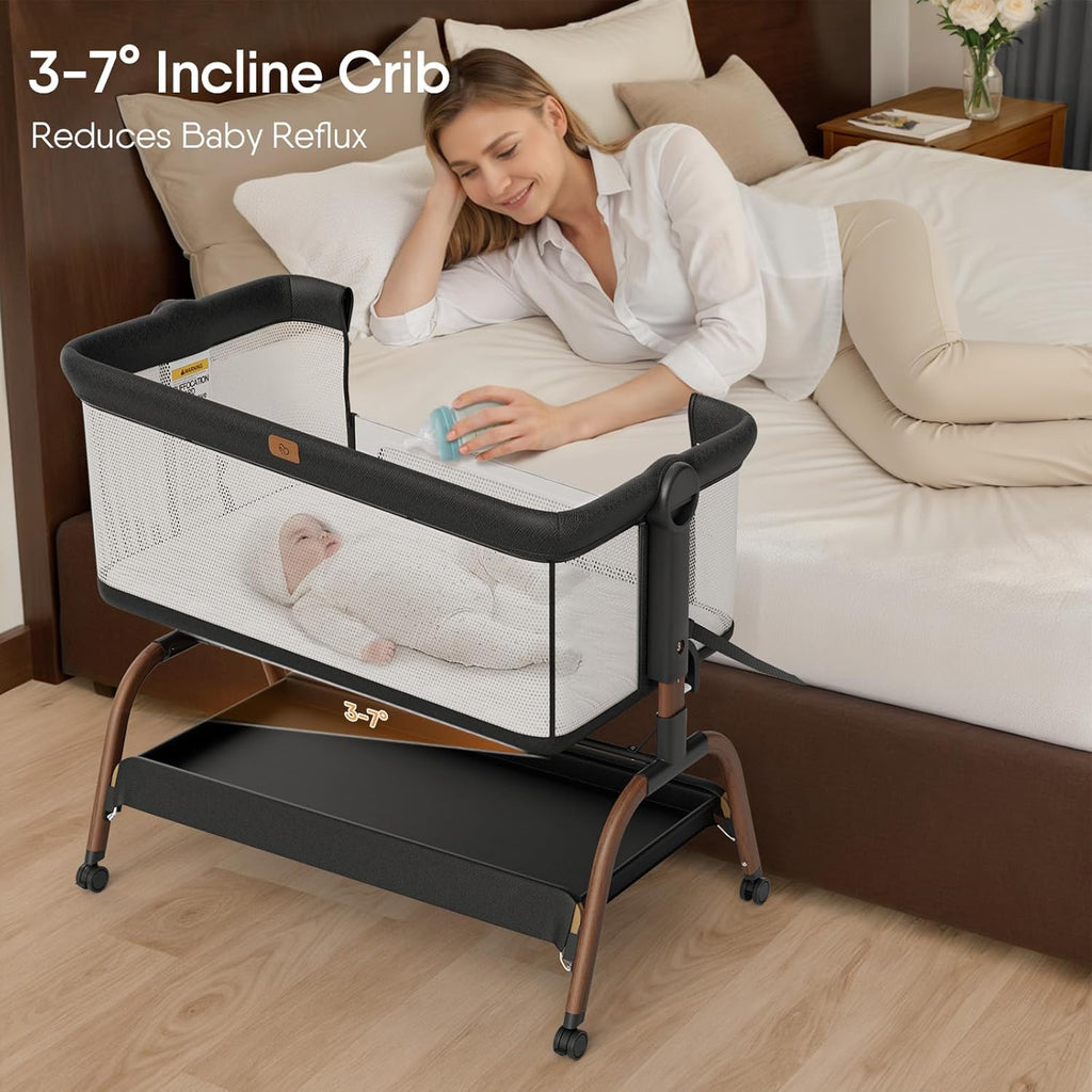 Skiennix Baby Bassinet - 3-in-1 Bedside Sleeper with Mattress & Breathable Sheet | 6-Height Adjustable
