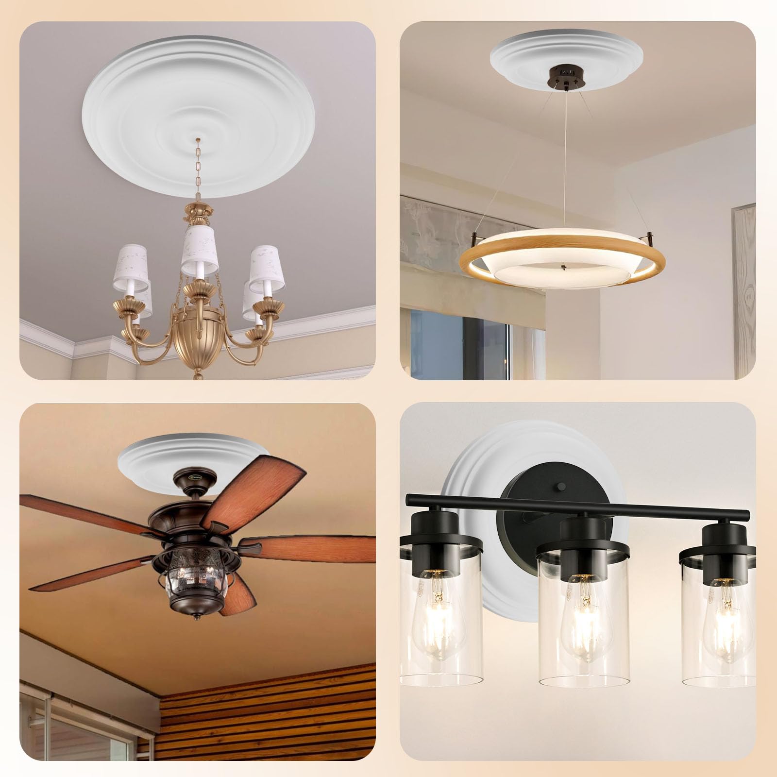 Wealrit White Decorative Ceiling Medallion Round Ceiling Light Medallion for Light Fixtures and Ceiling Fans 12" OD