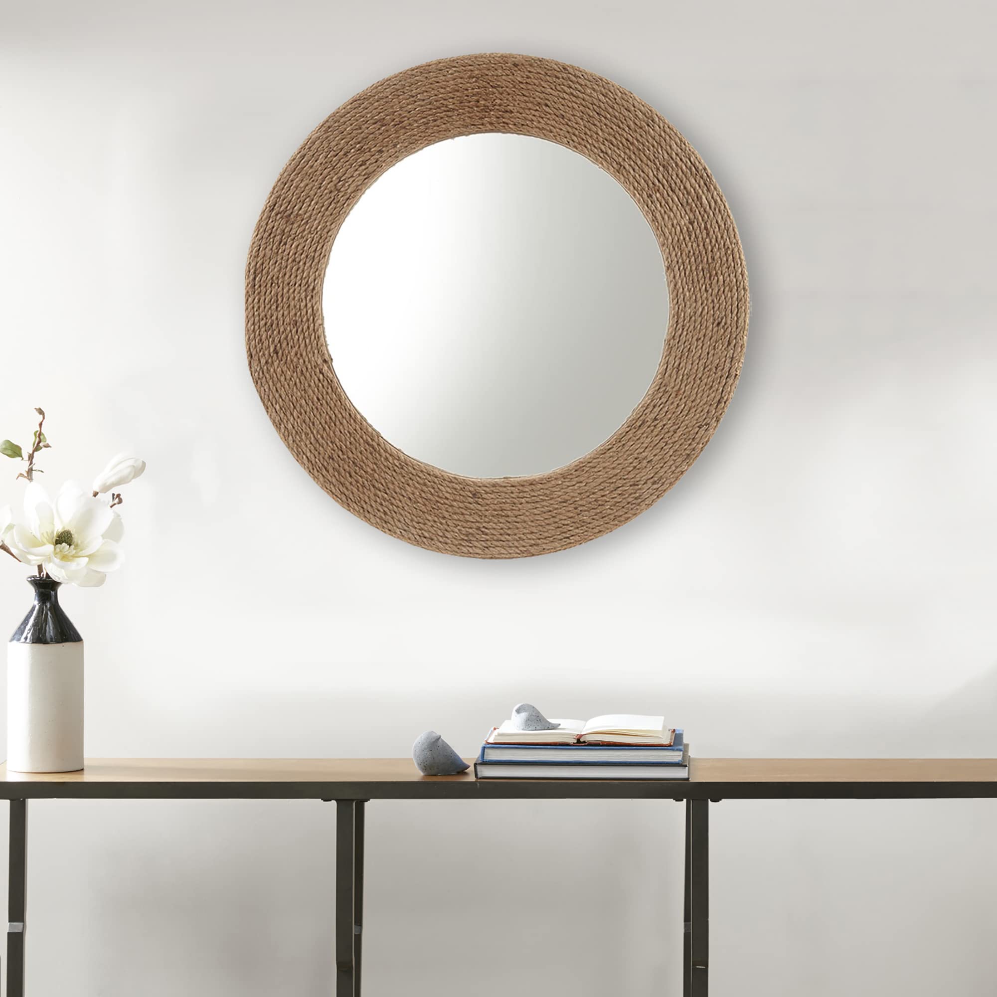 Madison Park Wall Décor Cove Cottage Style Round Jute Rope Frame, Mirror for Living Room, Console Table Center Piece Home Accent, Ready to Hang Bedroom Decoration, 26" W x 26" H, Natural
