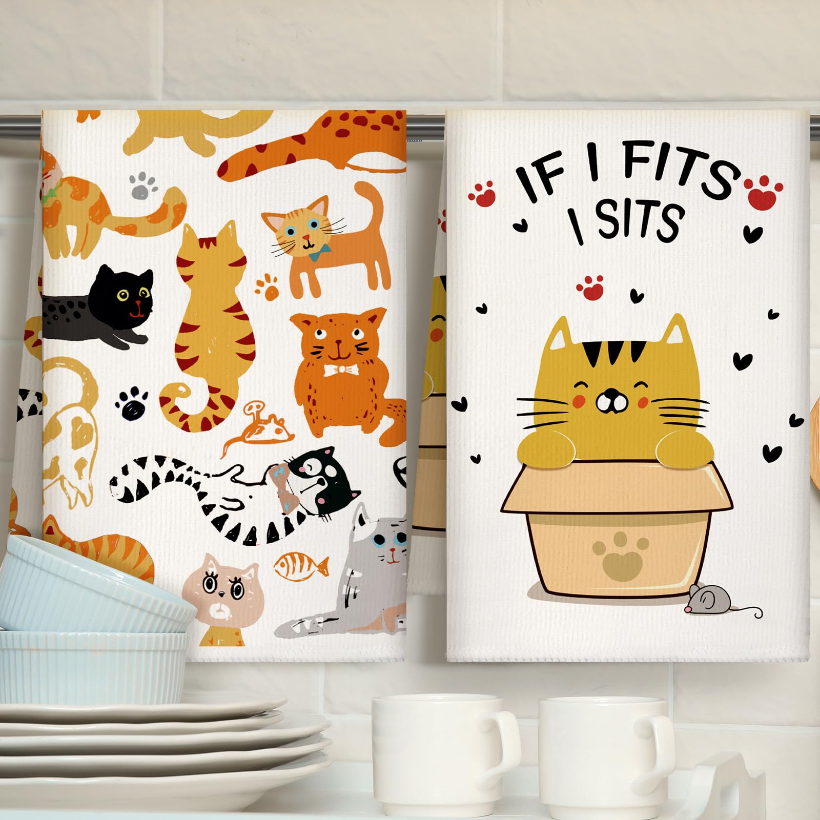TecUnite 6 Pcs Cat Kitchen Towels Set Funny Cat Tea Towels Cute Dish Towel Decorative Hand Towel Cats Lover Gifts for Cleaning Drying Wiping Tasks Cats Owners Women Mom Housewarming Gifts Decor