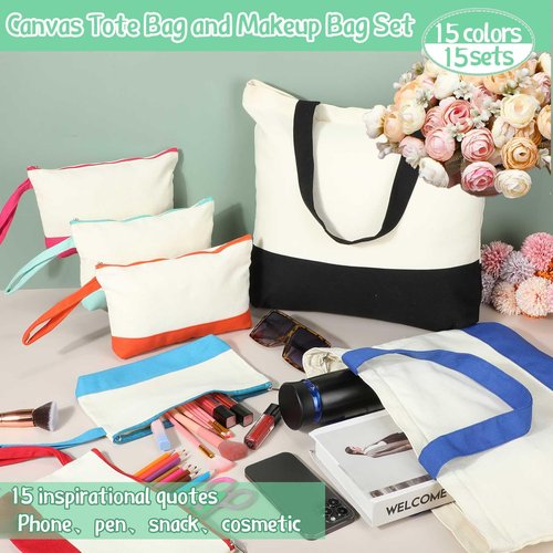 Sanwuta 30 Pcs Canvas Tote Bags Bulk with Zipper Cosmetic Pouch 18.5" Reusable Cotton Shopping Bag with Handle for DIY Craft (Colorful)