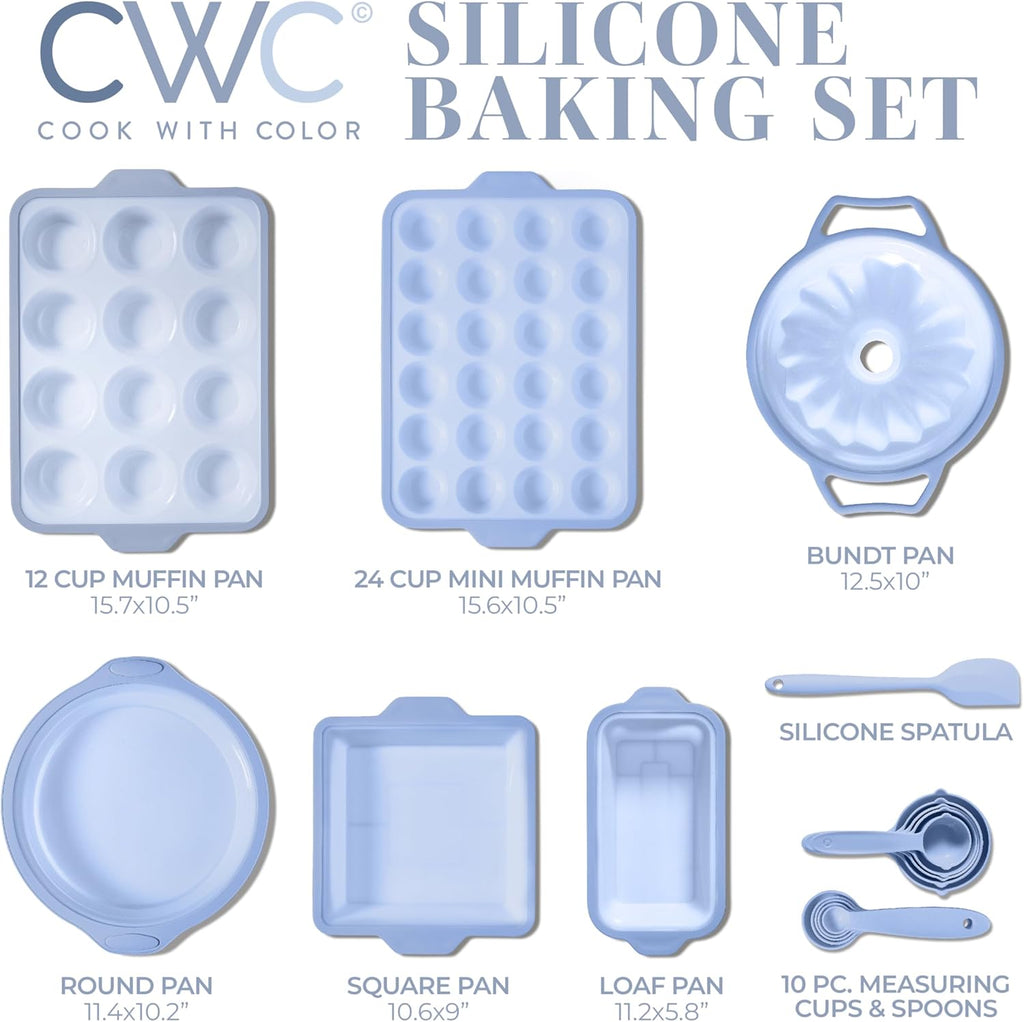 Cook With Color 17-Piece Silicone Baking Pan Set - Non-Stick Muffin Pans & Flexible Cake Molds with Measuring Cups