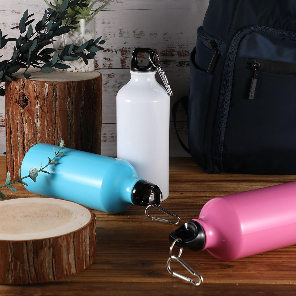Nuogo 24 Pack Aluminum Water Bottle Bulk 20 oz Reusable Metal Water Bottle Lightweight Leak Proof Aluminum Sports Bottles with Twist Cap and Buckle for Bike Travel Camping(Pink, Blue, White, Yellow)
