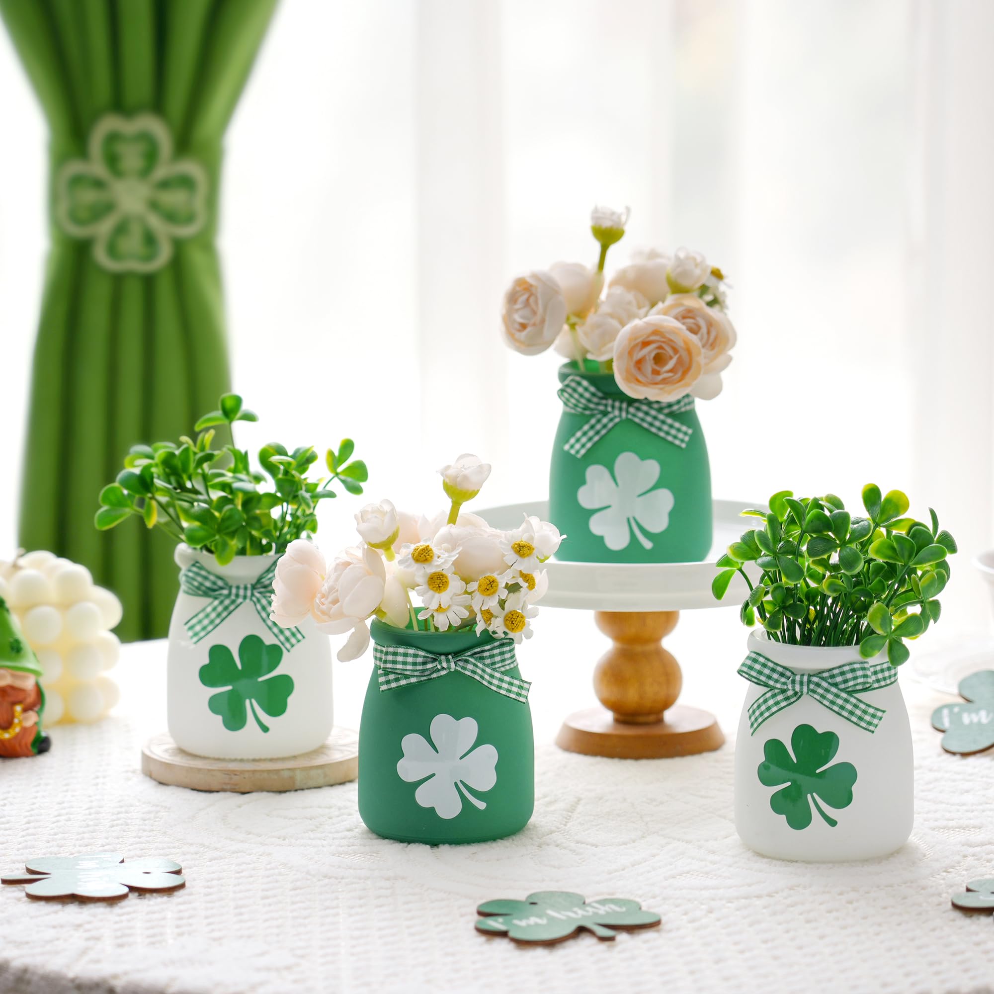 St Patricks Day Tiered Tray Decorations - 4 PCS Mini Mason Jars with Artificial Shamrock, Decorative Jars Centerpieces for Home Table Mantel St Patricks Party Supplies, Green Spring Decor