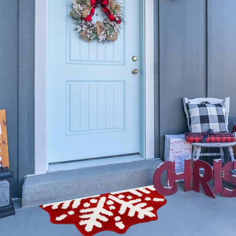Tinideya Red Christmas Snowflake Semicircle Bathroom Rug Doormat - 18.9 x 34.6 in, Plush Microfiber