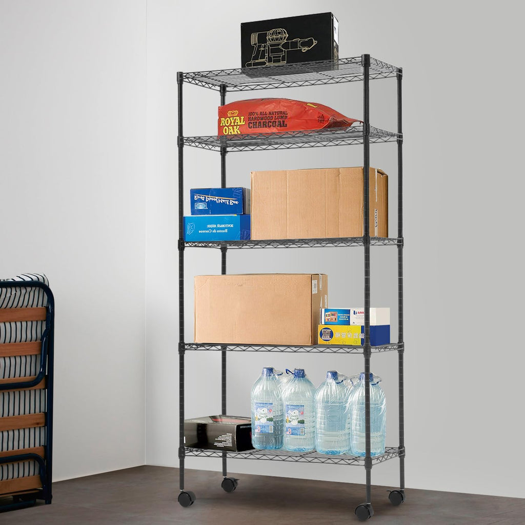 PayLessHere 5-Tier Wire Shelf with Wheels - Adjustable Heavy-Duty Storage Rack | 14"x30"x60" | Black, Rust-Resistant, Easy Assembly