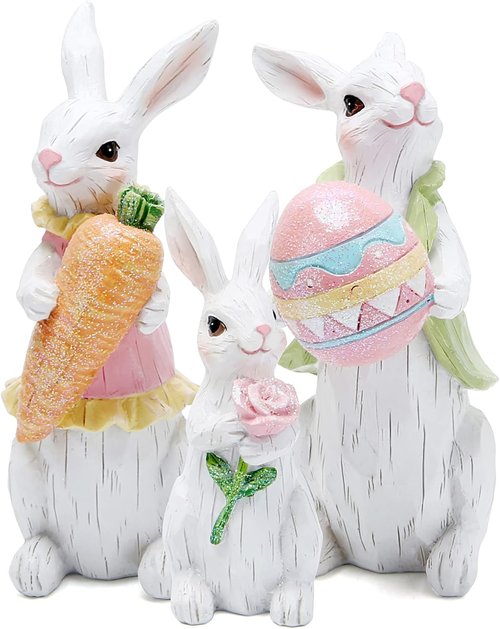 Hodao Easter Bunny Decorations - Spring Indoor Home Decor | White Bunny Family Figurines