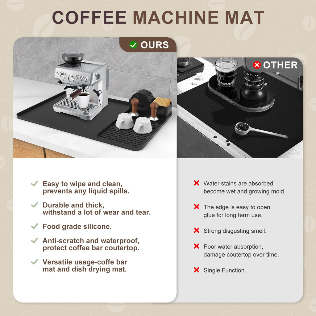 Silicone Coffee Mat with 6 Coasters,24"x16" Counter Bar Mat Fits Under Coffee Maker/Pot & Espresso Machine, Bar Aceessories,Detachable Drying Pad for Tamper,Sugar Packets,Cups & Countertop Protection