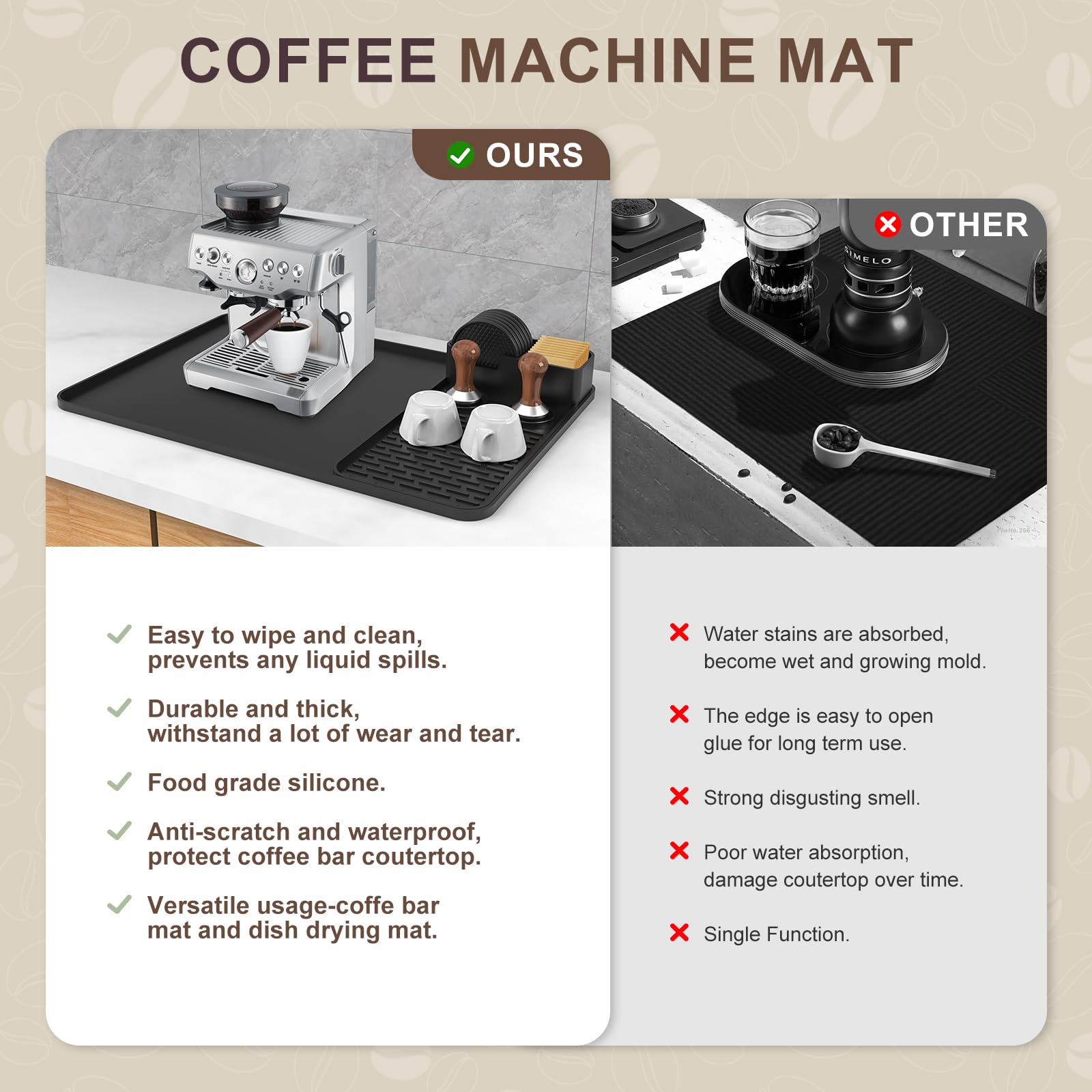 Silicone Coffee Mat with 6 Coasters,24"x16" Counter Bar Mat Fits Under Coffee Maker/Pot & Espresso Machine, Bar Aceessories,Detachable Drying Pad for Tamper,Sugar Packets,Cups & Countertop Protection
