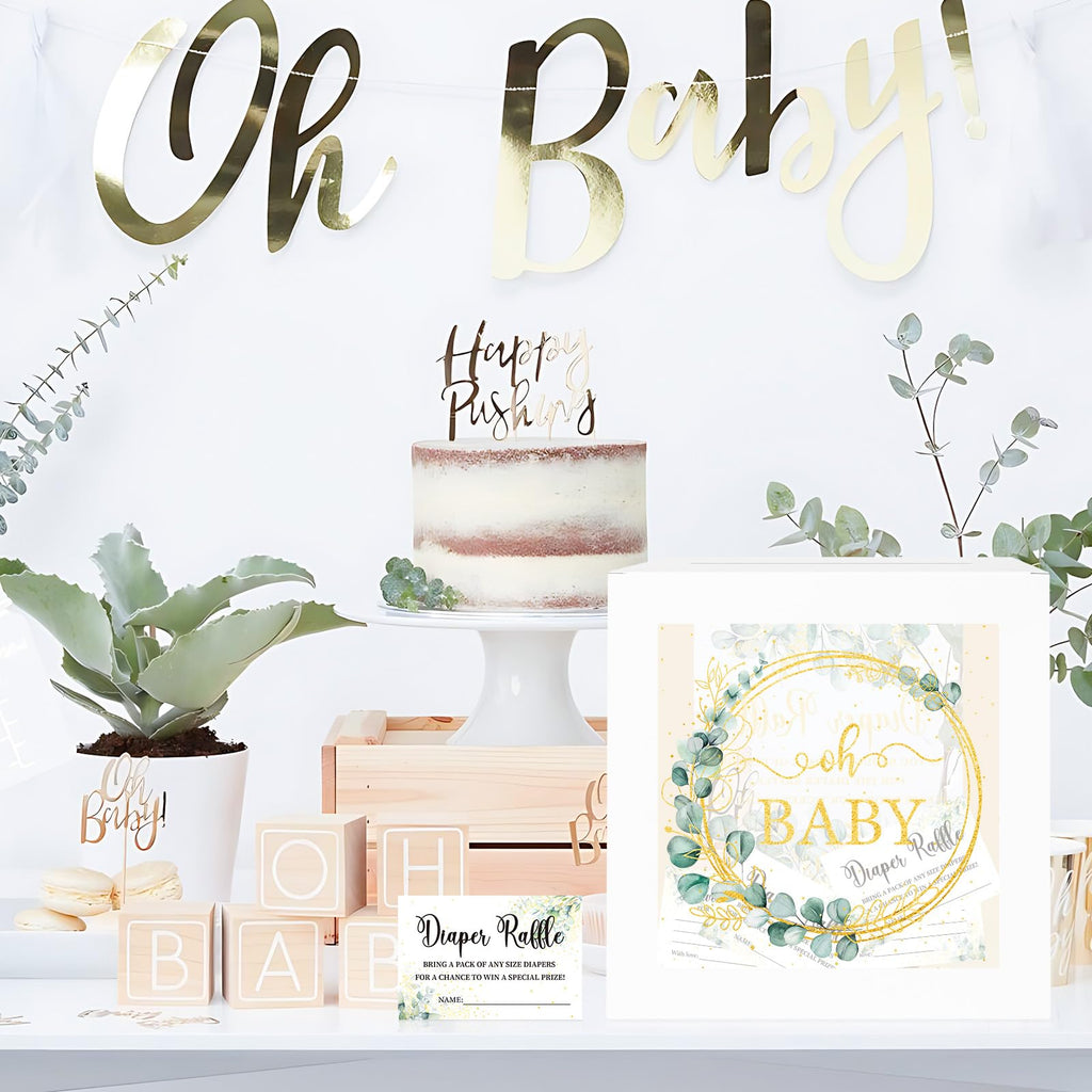 Greenery Baby Shower Games for Girl or Boy, Oh Baby Sage Green Diaper Raffle Card Box with Tickets for Boy Baby Shower Decorations