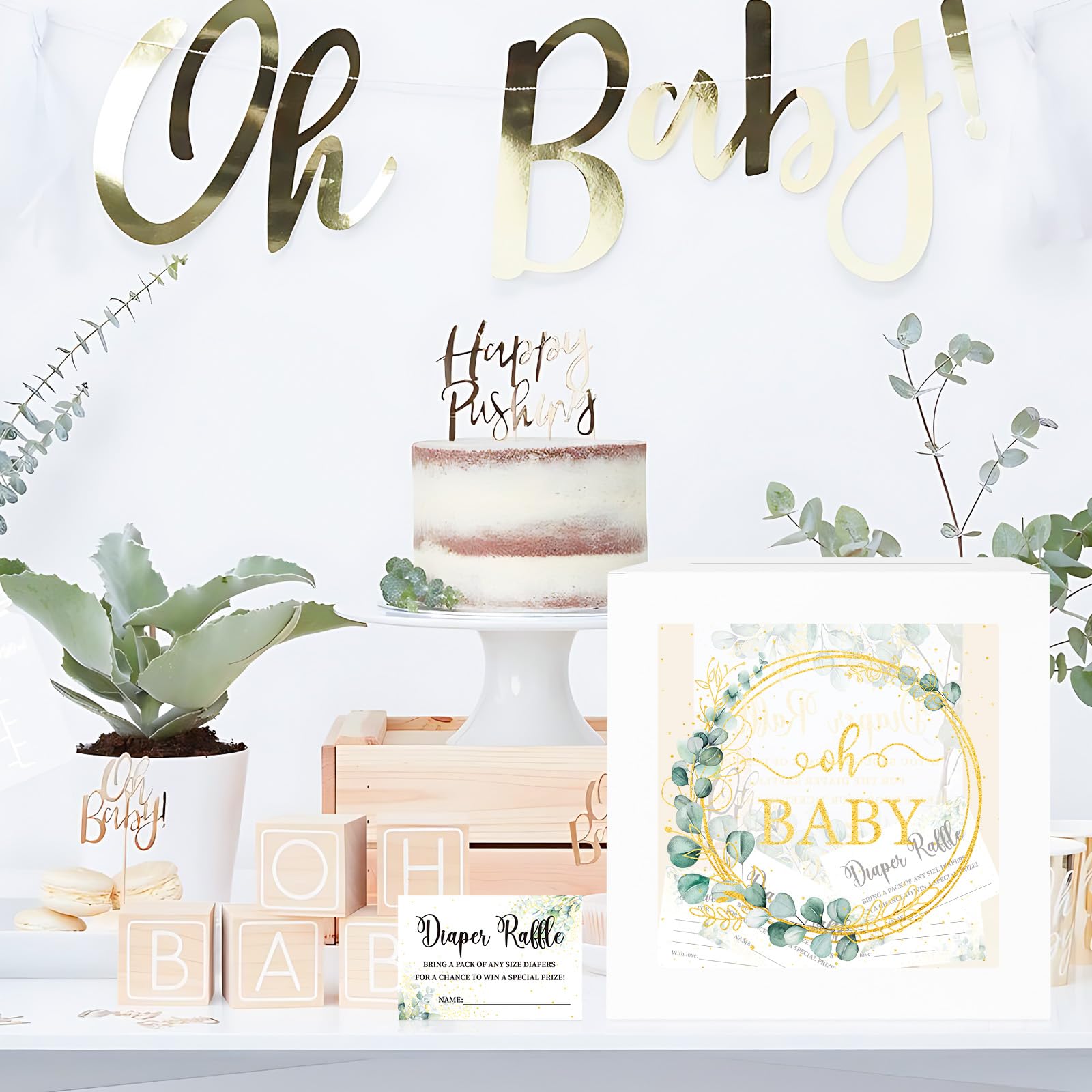 Greenery Baby Shower Games for Girl or Boy, Oh Baby Sage Green Diaper Raffle Card Box with Tickets for Boy Baby Shower Decorations