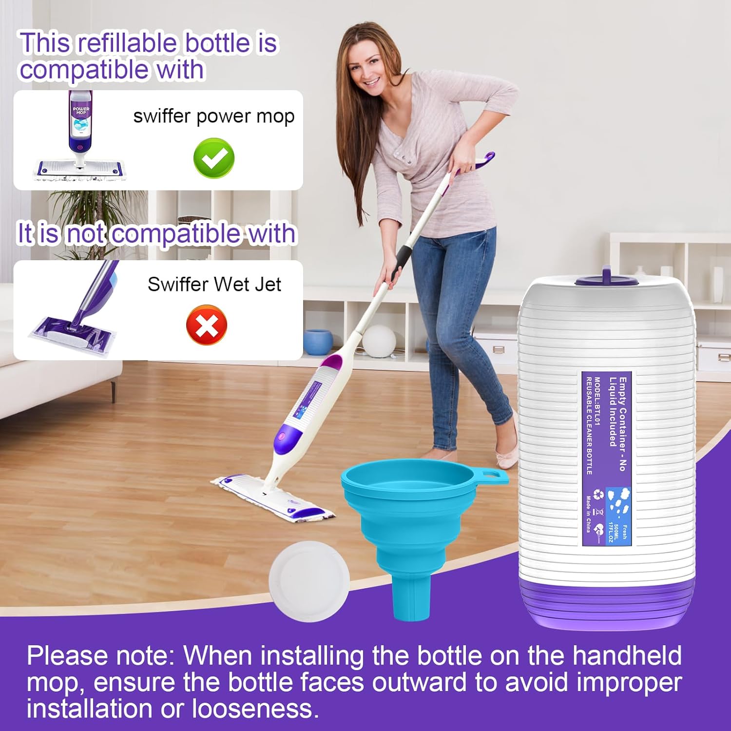 Skiennix Refillable Bottle for Swiffer Power Mop - 500ML Leak-Proof Solution Container with Funnel