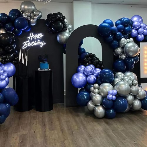 Blue & Black Balloons - Metallic Navy Blue & Silver Latex Balloons for Birthday & Baby Showers