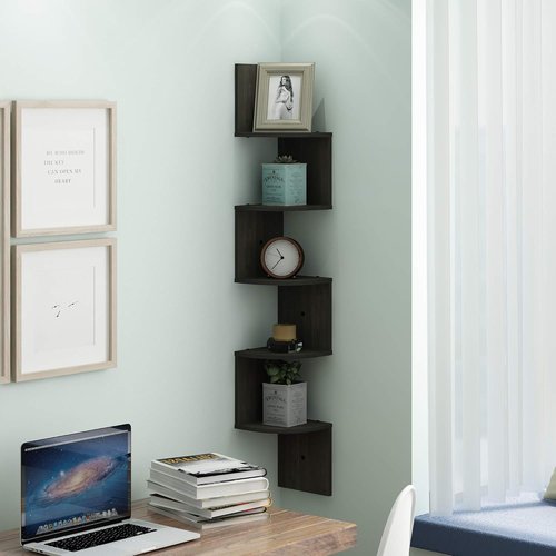 Furinno ROSSI 5-Tier Zigzag Floating Book Shelves - Stylish Wall-Mounted Corner Shelf in Espresso