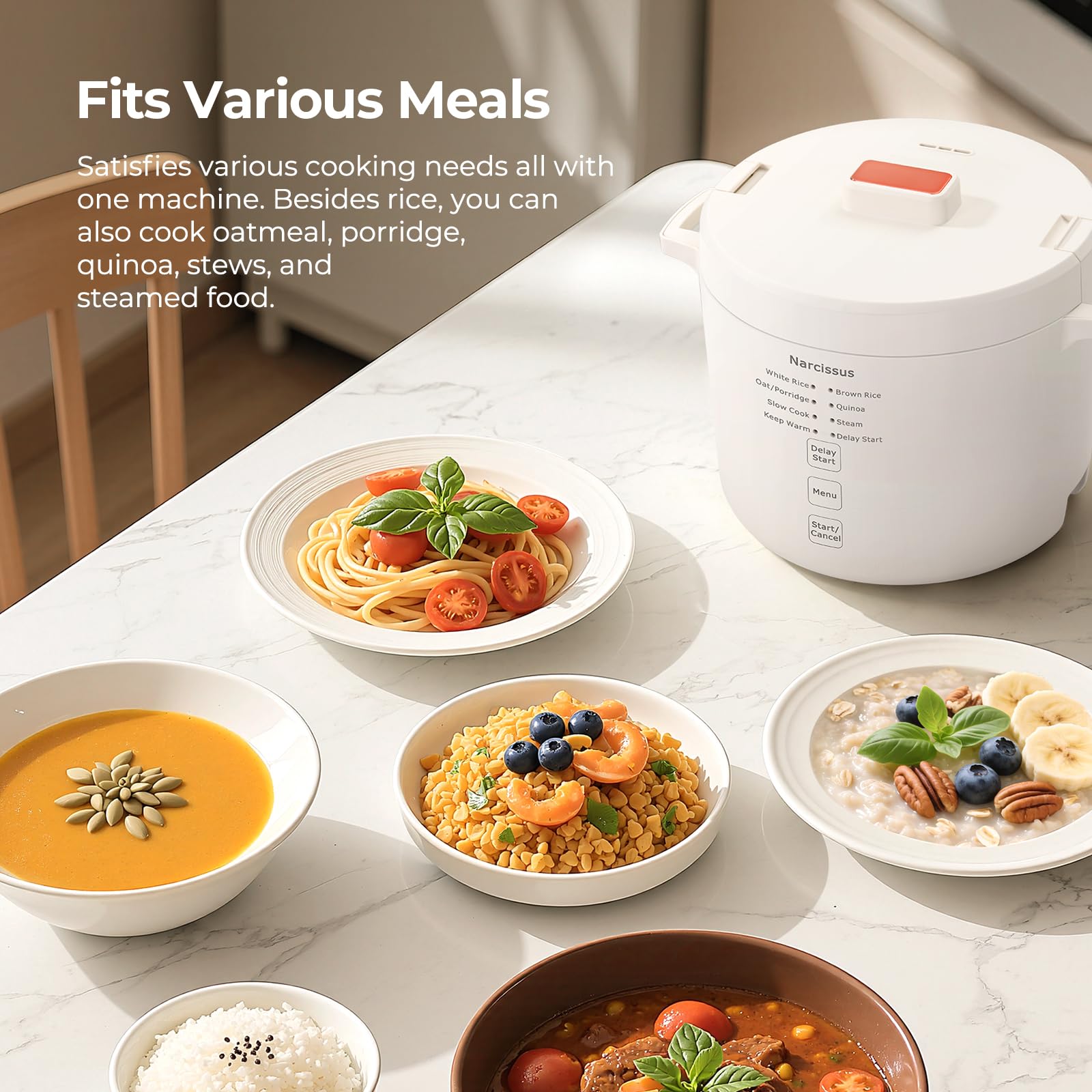 Narcissus 3.5-Cup Rice Cooker for 1-3 People, Multifunctional for Rice, Oatmeal, Quinoa - Slow Cook, Steam, Cook Rice & Steam Dish Together, Rice White