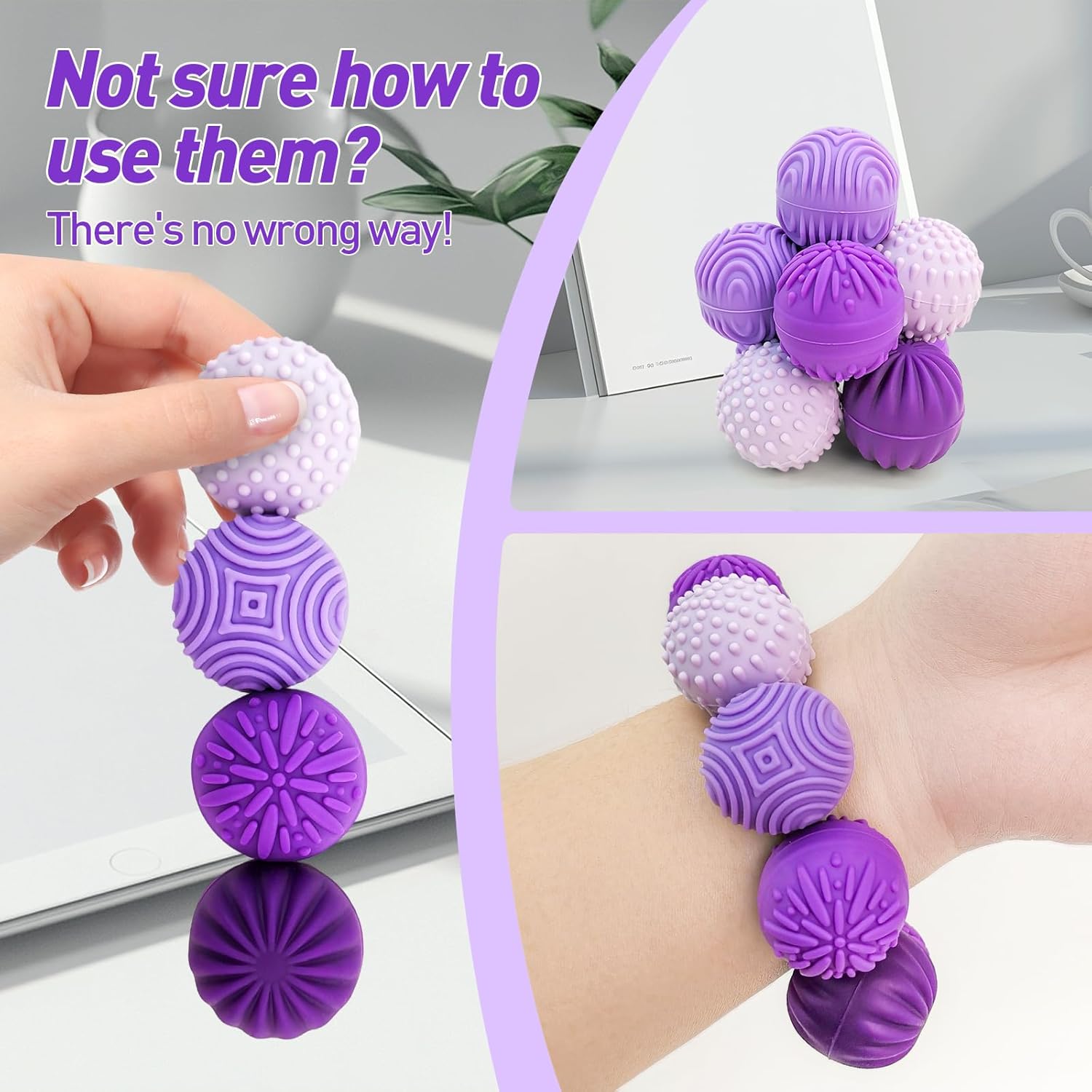 Skiennix Fidget Toys - Magnetic Stress Balls for Adults & Teens | 8 Silicone Stress Relief Toys with 4 Textures & Organizer Box (Lavender)