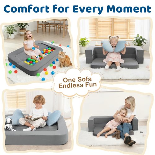 ENITYA 3-in-1 Foldable Floor Bed with Two Pillow for Kids, Soft Foam Toddler Cot with Washable Cover, Toddler Travel Bed for Naps, Playing, Sleepover, Grey