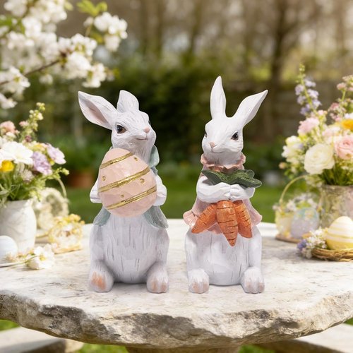 Hodao Easter Bunny Decorations - Spring Home Decor Bunny Figurines | 2-Piece White Rabbit Set