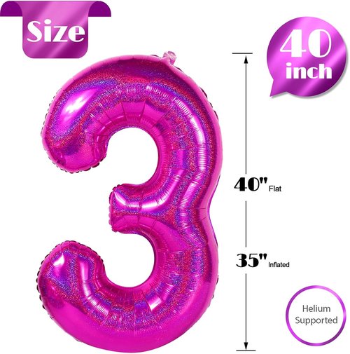 Laser Hot Pink Number 3 Balloon - 40 Inch Birthday Decoration for Girls & Women Parties