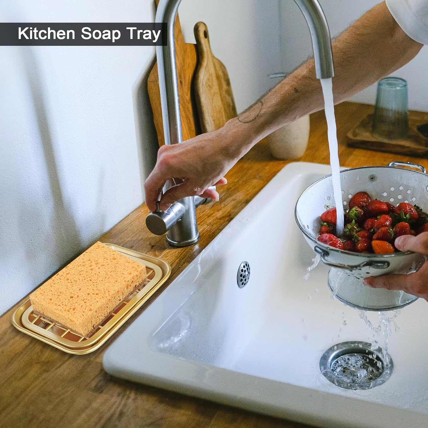 SheeChung Kitchen and Bathroom Soap Dish Tray - Metal Soap Dish Tray with Drainage Grid and Holder for Kitchen Sink Countertops to Store Soap, Sponges, Scrubbers - Rust Resistant (Gold)