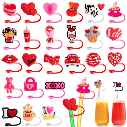 24 PCS Valentine's Day Straw Toppers, 8mm Heart Shaped Straw Cover Cap for Tumblers, Reusable Red Pink Lips Drinking Straws Tip Cover Lover Couple Fun Gifts