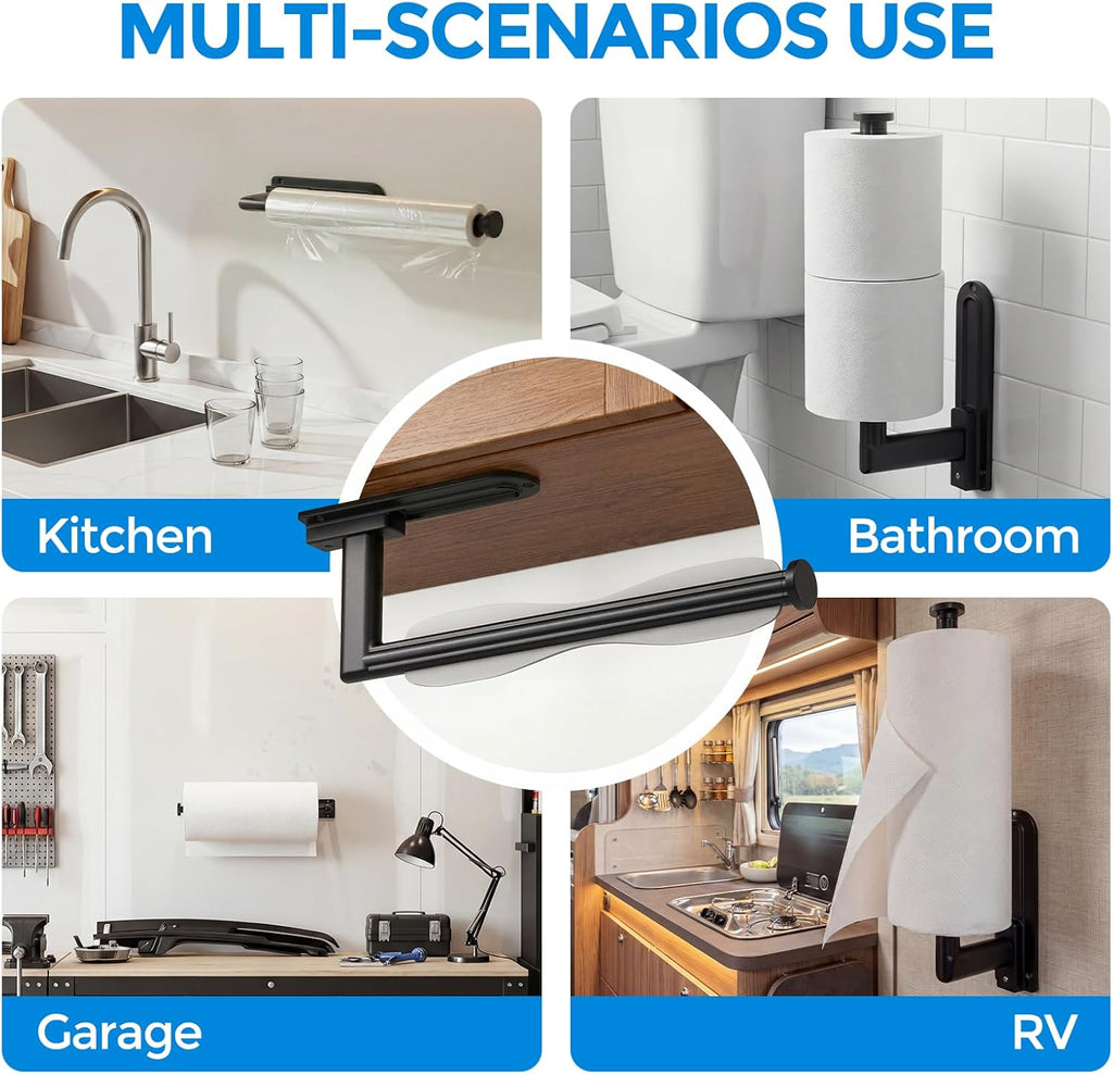 Zaa Paper Towel Holder - Under Cabinet Self-Adhesive or Drilling Wall Mount | One-Hand Tear Black Design for Kitchen & Bathroom Organization