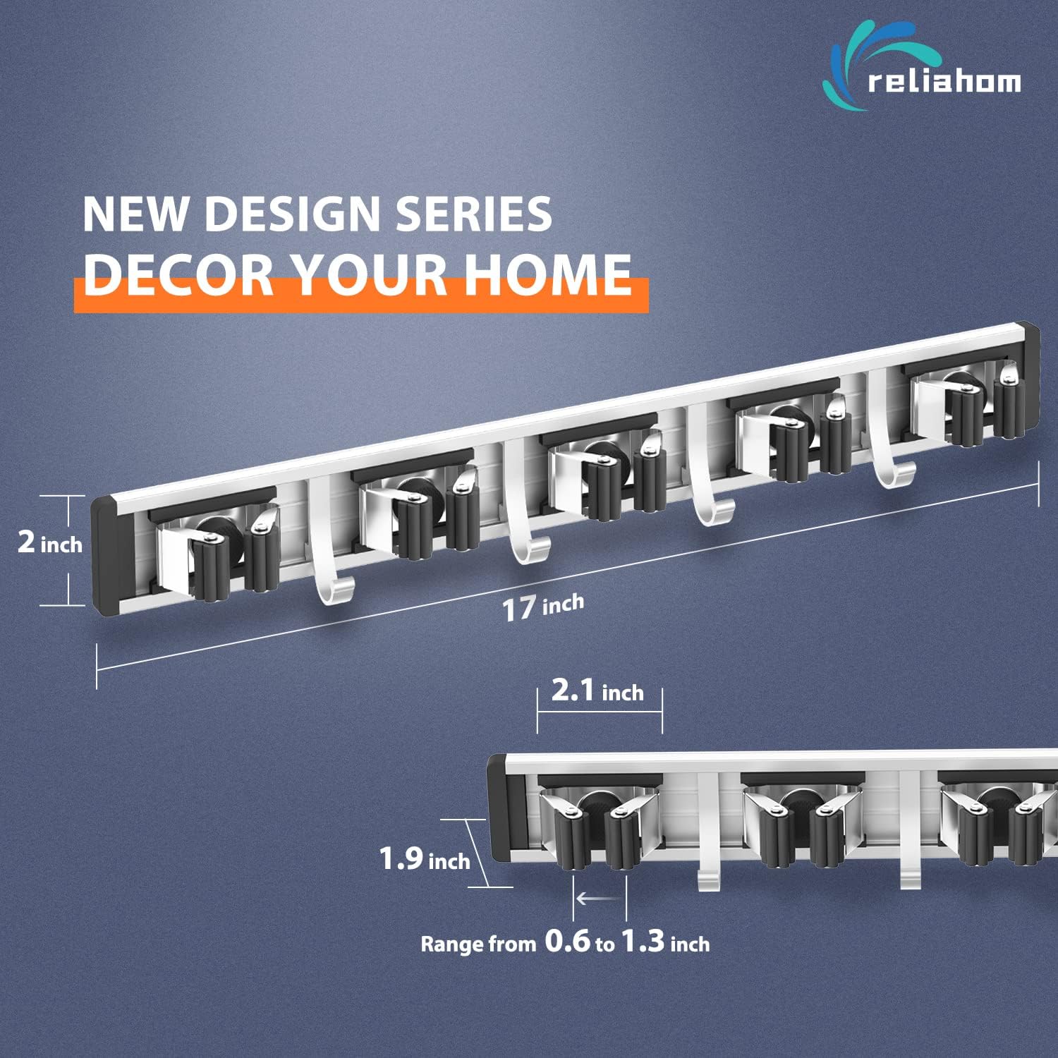 Reliahom Broom Holder Wall Mount - 2 Pack with 5 Racks & 4 Hooks for Garage, Kitchen, Garden, Laundry Room