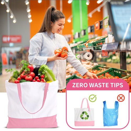 HWJH 1 Pack Canvas Tote Bag with Zipper, Blank Reusable Grocery Bags, Widened Washable Bag with Inner Pocket, Shopping Travel Large Tote Bags for DIY Heat Transfer, Christmas Craft Gift (Pink/White)
