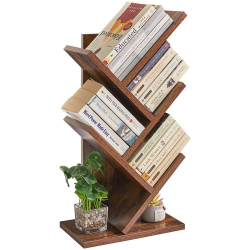 YMYNY Tree Bookshelf, 4-Tier Book Storage Organizer Shelves,Rustic Brown, HBC014H