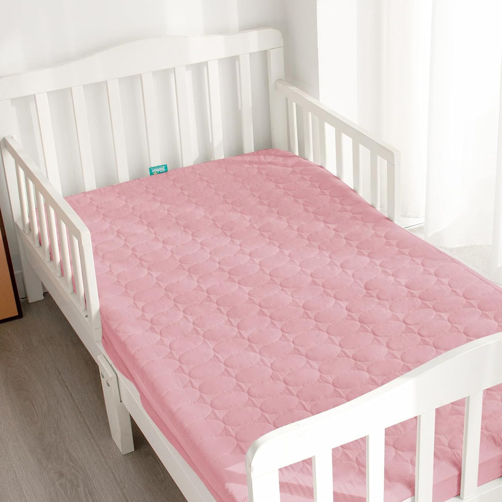 Skiennix Crib Mattress Protector Sheets - Waterproof Quilted Pad Cover for Baby & Toddler | Grey & Pink, 52” x 28”