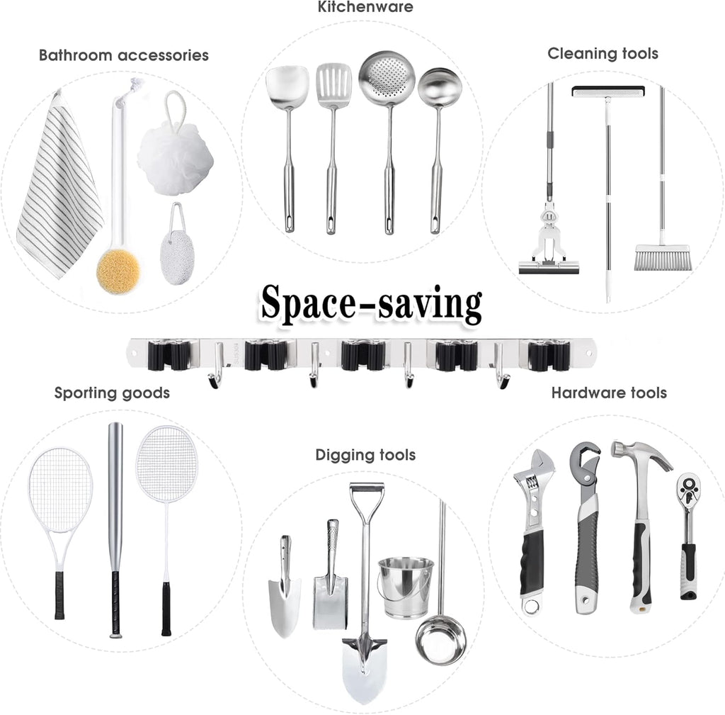 Skiennix Broom and Mop Holder - Wall Mounted Garage Organizer with 5 Racks & 4 Heavy-Duty Hooks