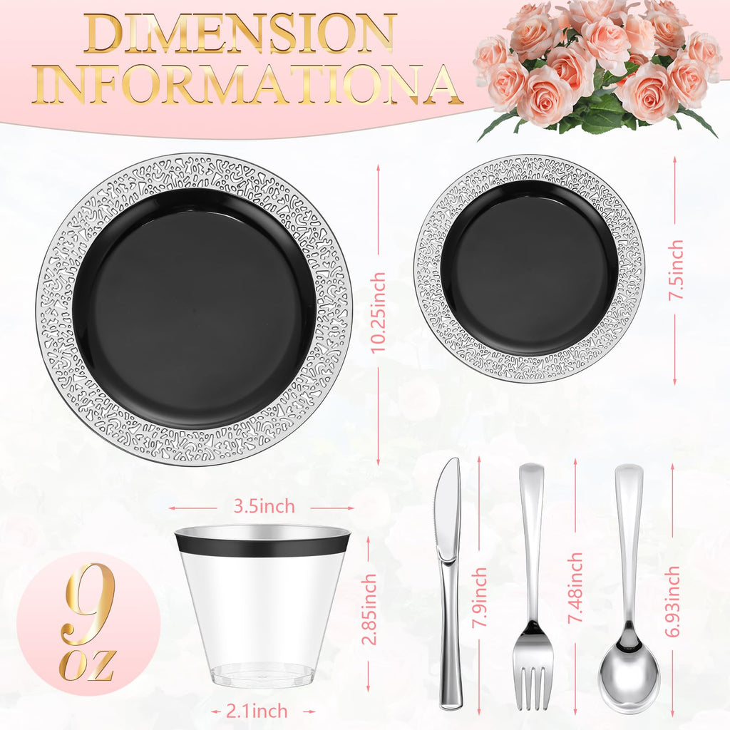 Norme 300 Pieces Disposable Plastic Dinnerware Set, 100 Plastic Plates, 150 Knives, Forks and Spoons with 50 Rimmed Cups for 50 Guests Wedding Party Supplies(Black Silver)