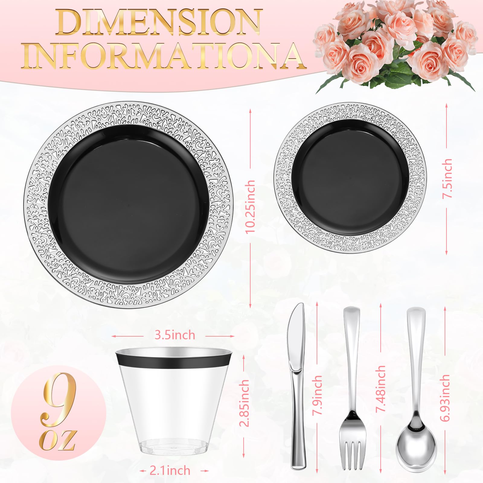 Norme 300 Pieces Disposable Plastic Dinnerware Set, 100 Plastic Plates, 150 Knives, Forks and Spoons with 50 Rimmed Cups for 50 Guests Wedding Party Supplies(Black Silver)