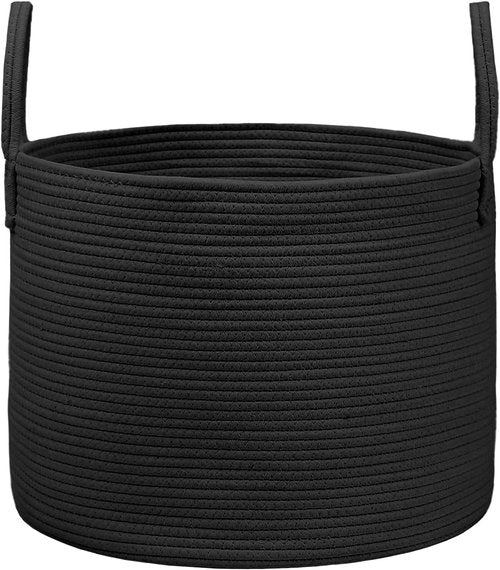 **JMvicyroam 65L Extra Large Woven Cotton Rope Blanket Basket - Stylish Laundry Hamper with Reinforced Handles | Machine Washable, Black**