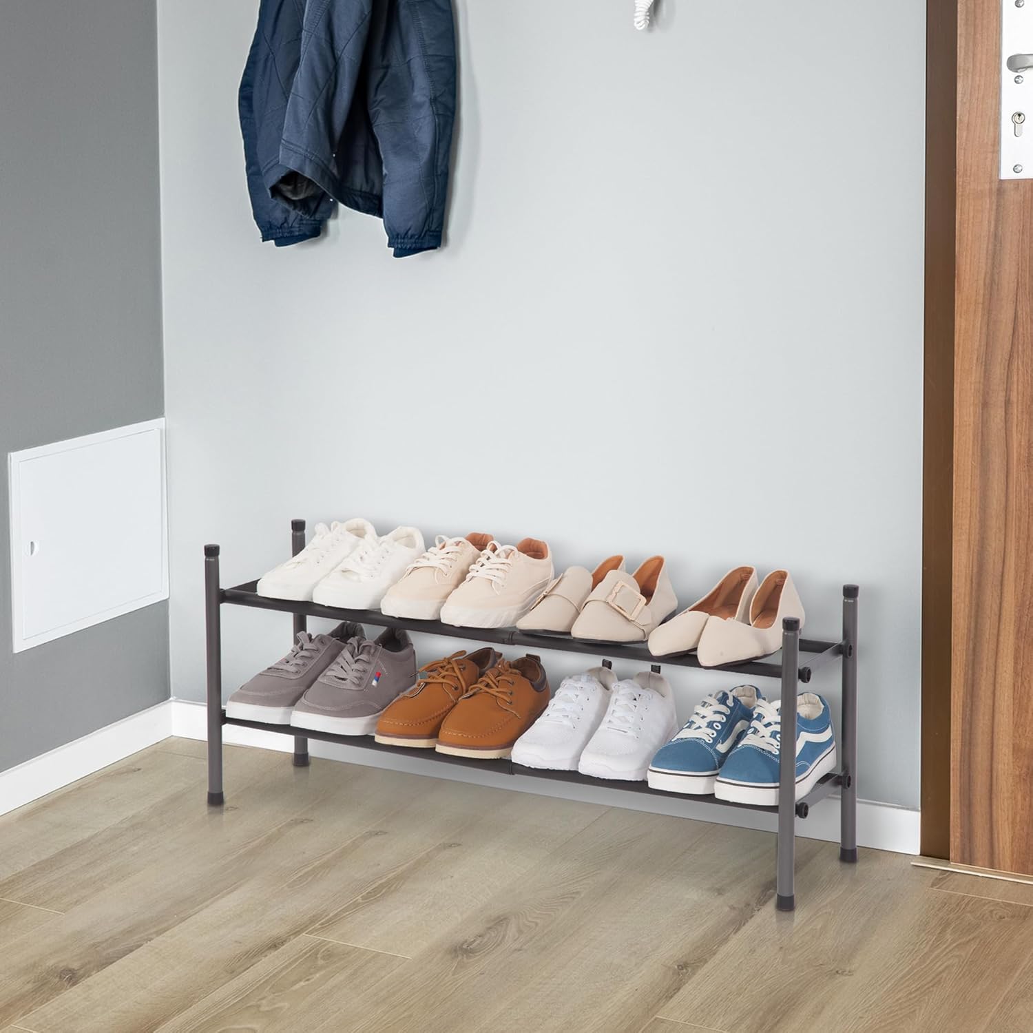 Storage Maniac Expandable Shoe Rack - 8 Pairs Stackable Metal Organizer for Closet & Entryway | Black 2 Tier