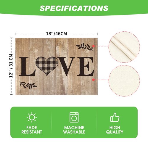 Artoid Mode Wood Love Family Home Together Buffalo Plaid Placemats Set of 4, 12x18 Inch Farmhouse Table Mats Party Kitchen Dining Decoration