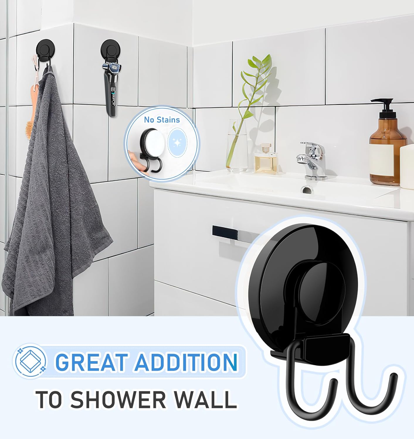 VIS'V Heavy Duty Shower Suction Cup Hooks - Removable & Reusable Double Hooks, Black (2 Pcs)
