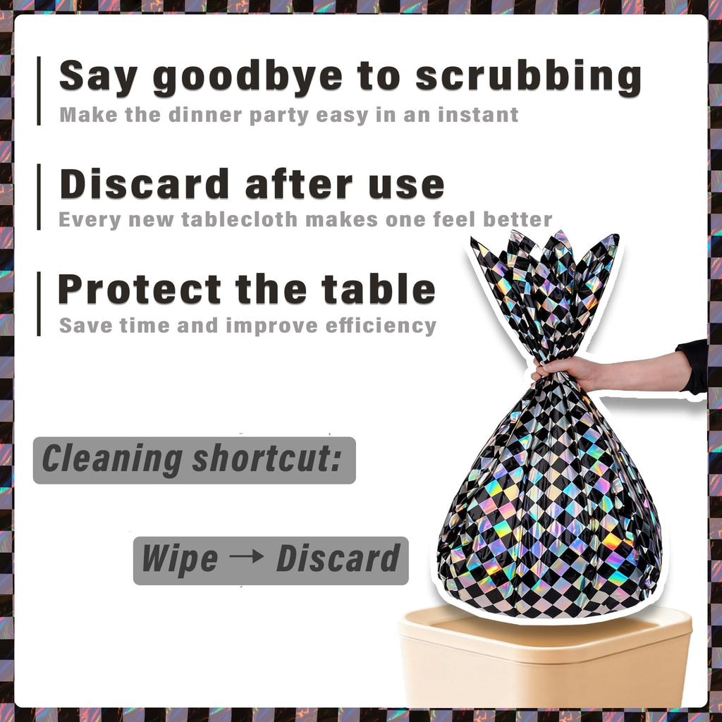 SAJOO 3 Packs Black Checkered Iridescent Tablecloth 54 x 108 Inch Holographic Foil Table Cloth Shiny Disposable Laser Rectangle Plastic Table Cover for Picnic Camping