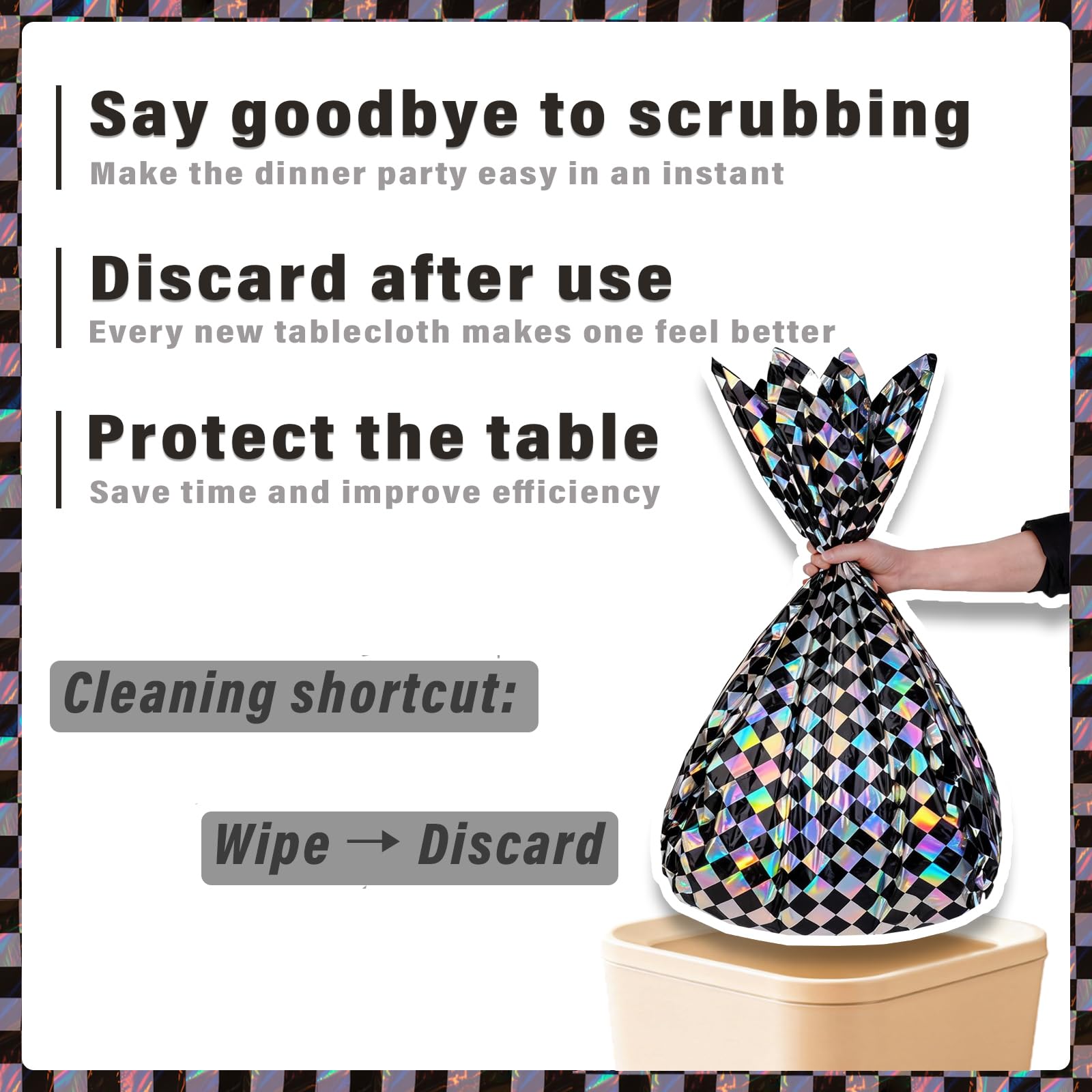 SAJOO 3 Packs Black Checkered Iridescent Tablecloth 54 x 108 Inch Holographic Foil Table Cloth Shiny Disposable Laser Rectangle Plastic Table Cover for Picnic Camping