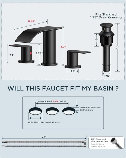 FORIOUS Black Square Bathroom Faucet - Waterfall Design with Metal Pop-Up Drain & Supply Lines | 3 Hole, Two Handles